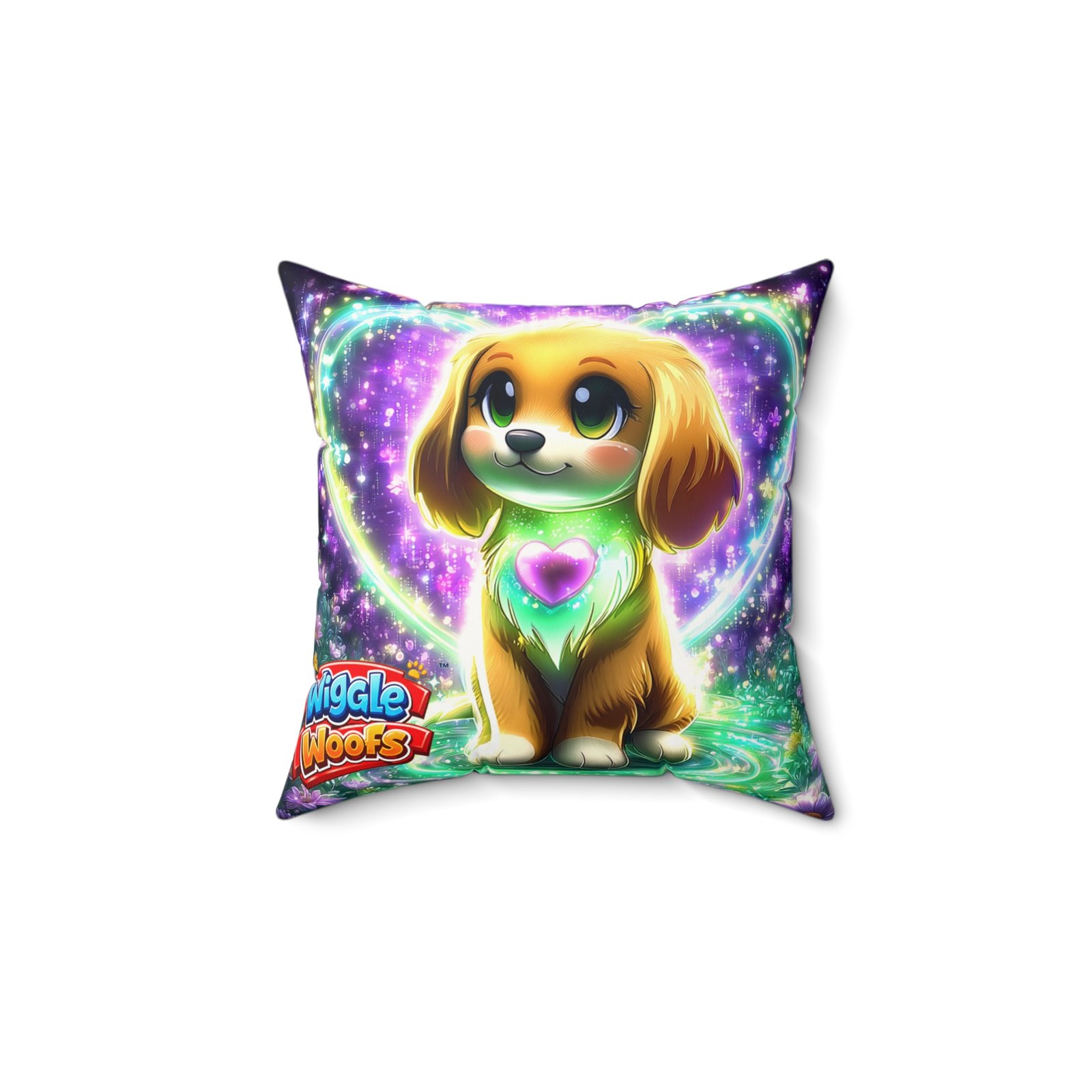 Cute Puppy with Heart Glow Faux Suede Square Pillow | Bumbles Wiggle Woofs