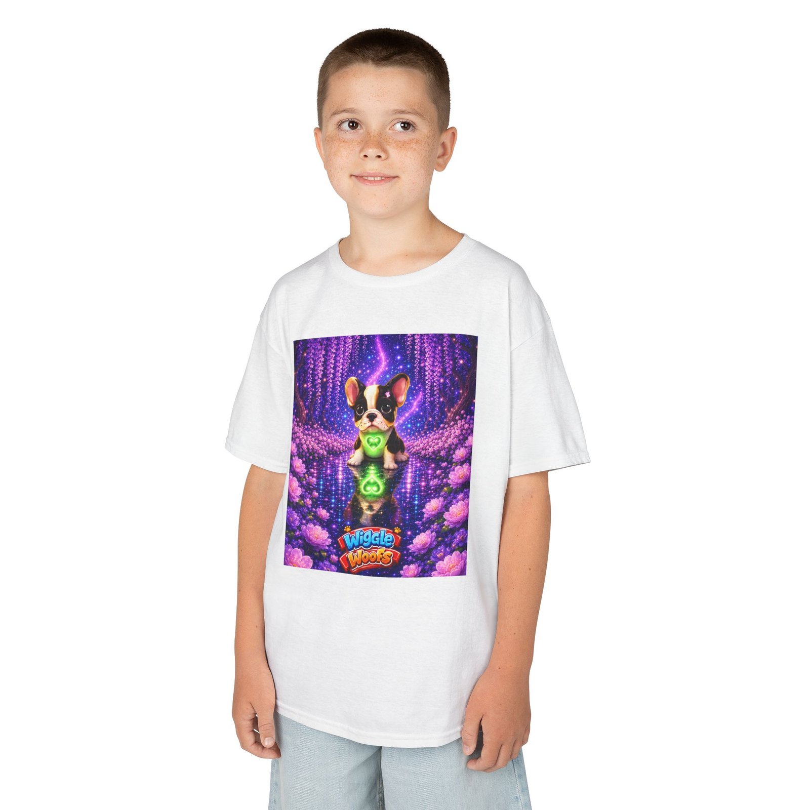 French Bulldog Glowing Orb Kids Tee | Neon Fantasy Puppy, Cosmic Forest - Image 3