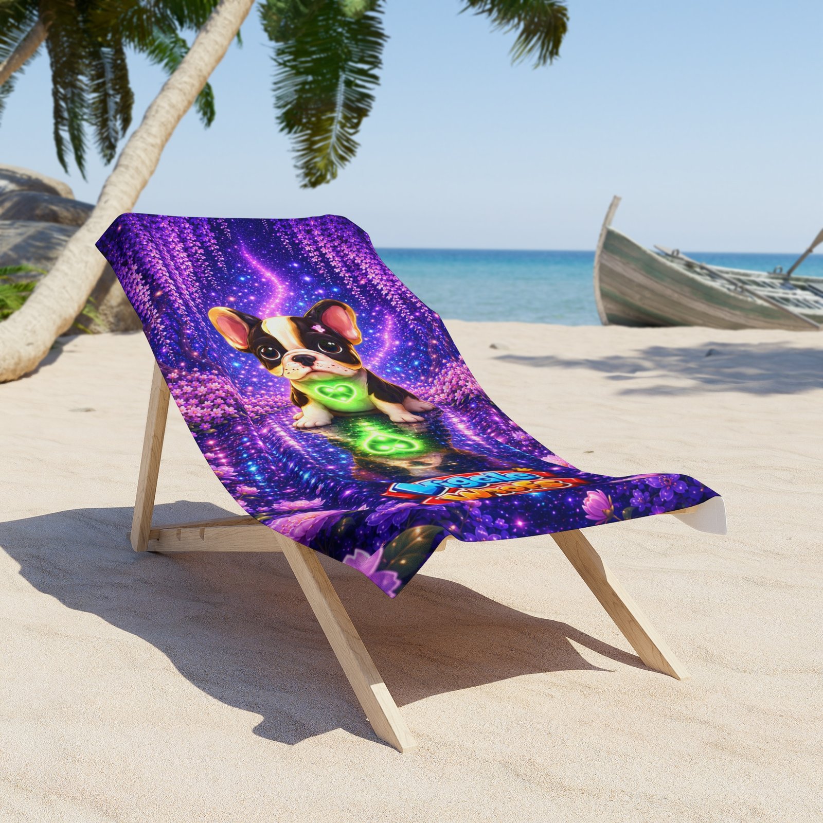 Cute French Bulldog with Glowing Heart Beach Towel | Purple Neon Puppy - Image 2