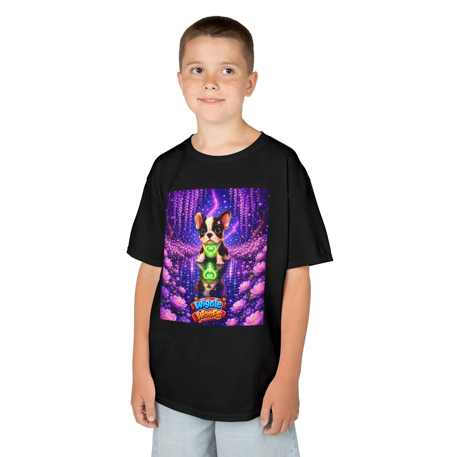 French Bulldog Glowing Orb Kids Tee | Neon Fantasy Puppy, Cosmic Forest - Image 7