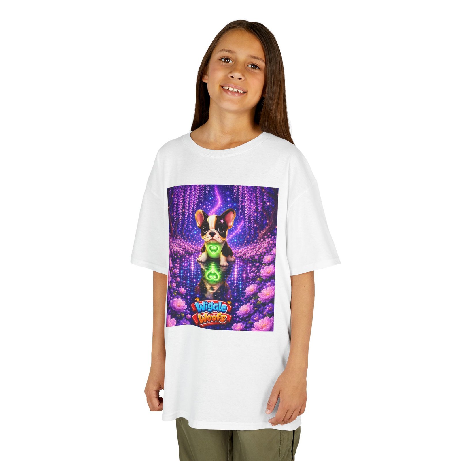 French Bulldog Glowing Orb Kids Tee | Neon Fantasy Puppy, Cosmic Forest - Image 2