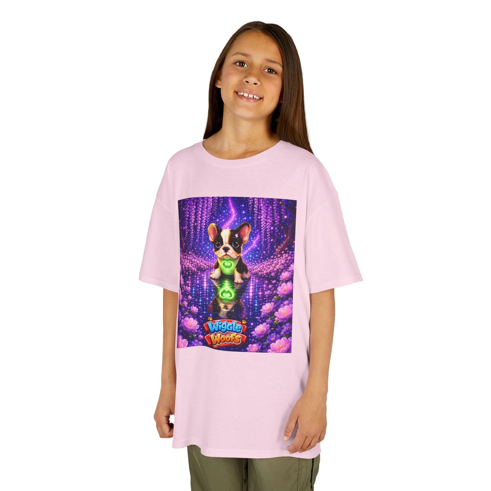 French Bulldog Glowing Orb Kids Tee | Neon Fantasy Puppy, Cosmic Forest - Image 14