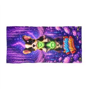 cute-french-bulldog-with-glowing-heart-beach-towel-purple-neon-puppy