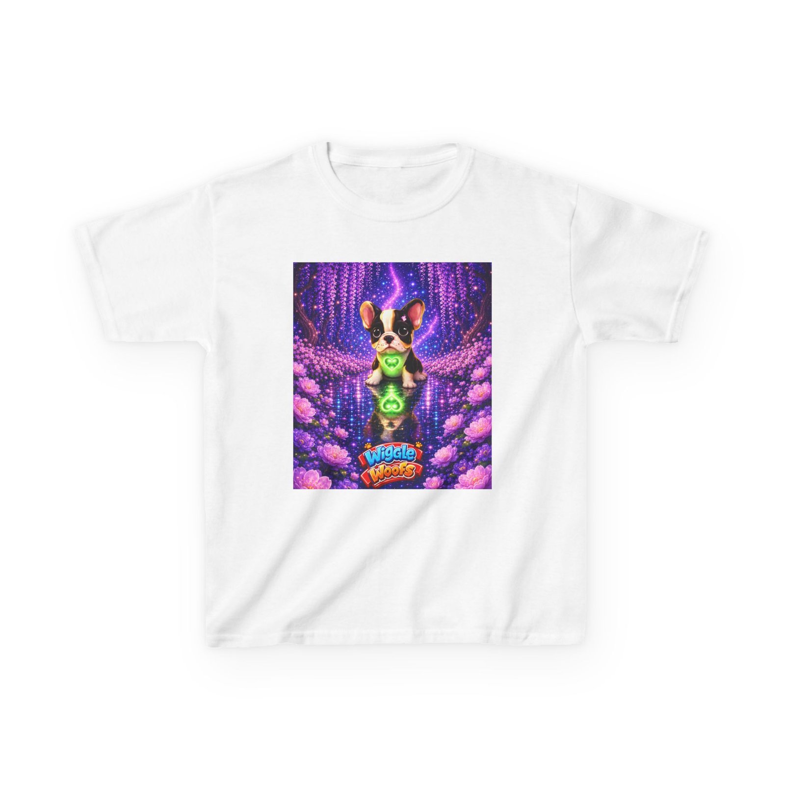 French Bulldog Glowing Orb Kids Tee | Neon Fantasy Puppy, Cosmic Forest