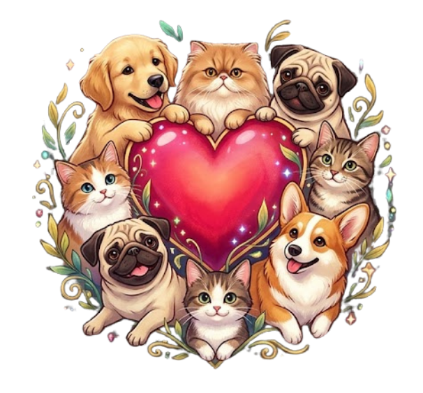 Lovely pets with a heart icon at the center