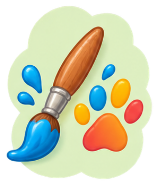 Paintbrush and colorful paw icon representing original artwork