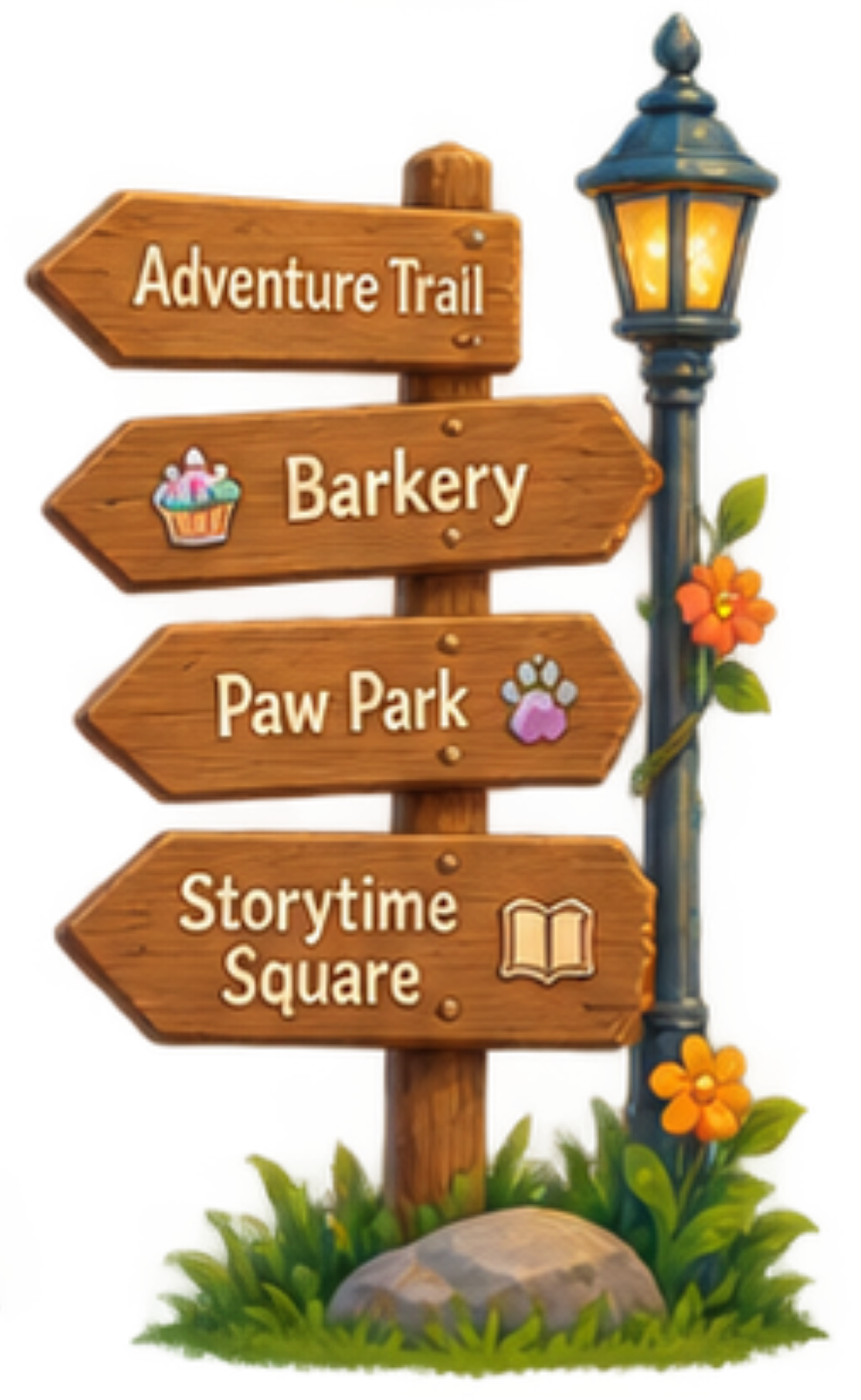 Woofington signpost pointing to Adventure Trail, Barkery, Paw Park, and Storytime Square