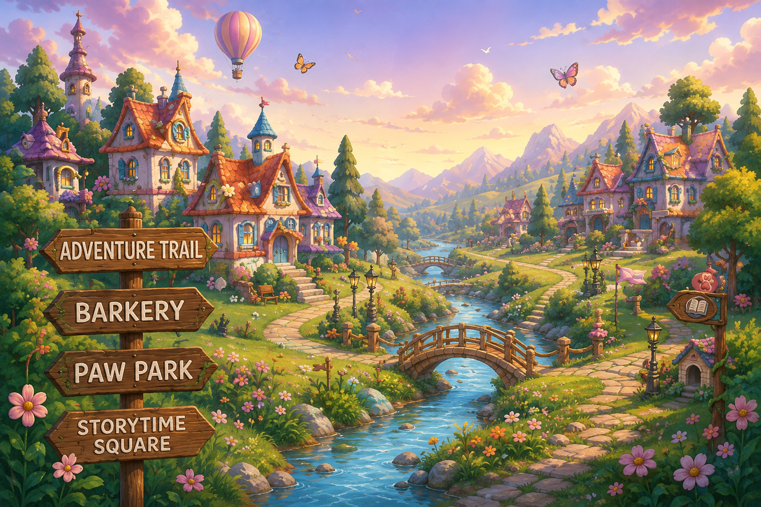 Magical Woofington village with Adventure Trail, Barkery, Paw Park, and Storytime Square