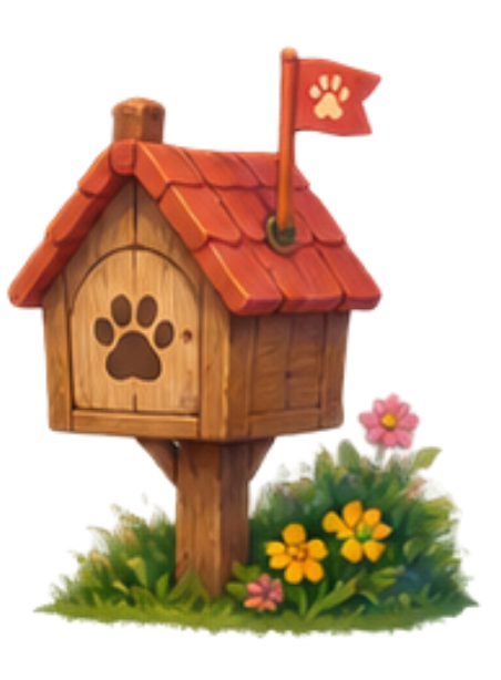 Whimsical wooden Woofington mailbox with paw print and flowers