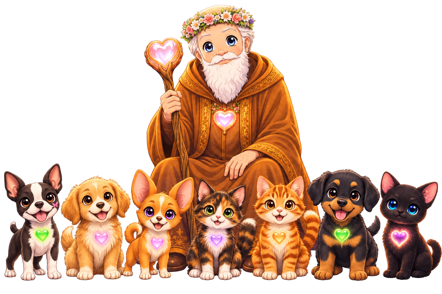The Caretaker sits with Bella, Bumbles, Penny, Reese, Tigger, Zeus, and Midnight arranged together in a welcoming Wiggle Woofs family portrait.