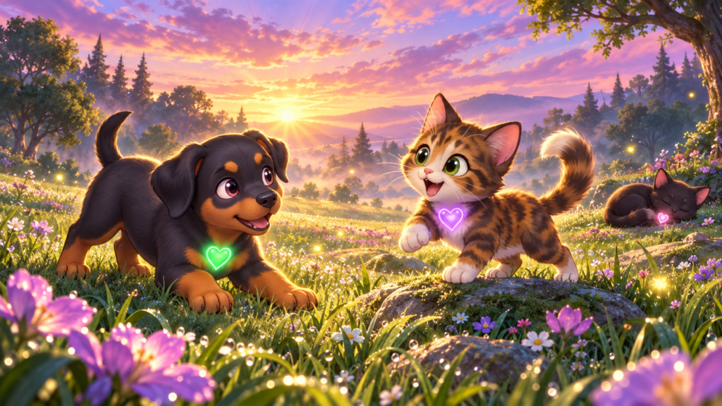 Zeus watches as Reese excitedly announces the day’s cat activities while Midnight sleeps nearby.