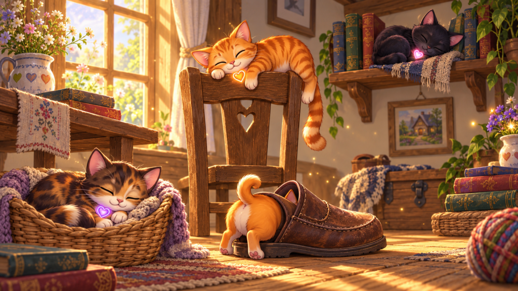 Reese sleeps in a basket, Tigger balances on a chair, Penny hides inside a shoe, and Midnight naps on a shelf.