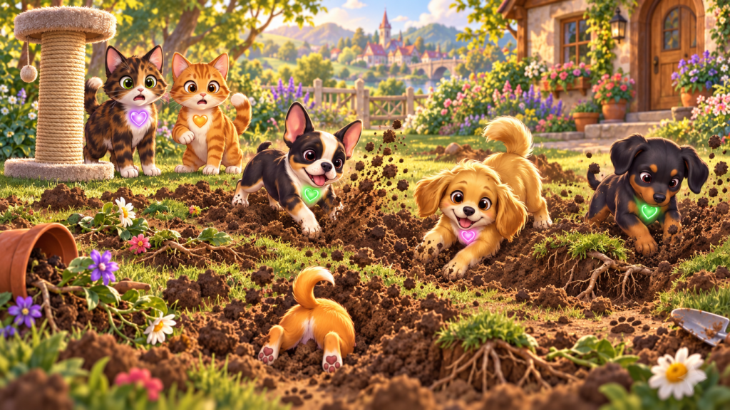 Reese and Tigger stare in disbelief as Bella, Bumbles, Zeus, and Penny enthusiastically dig up the lawn.