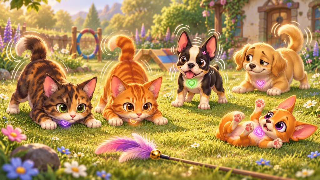 Reese and Tigger demonstrate feline attack wiggles while Bella vibrates, Penny falls over, and Bumbles tries not to smile.