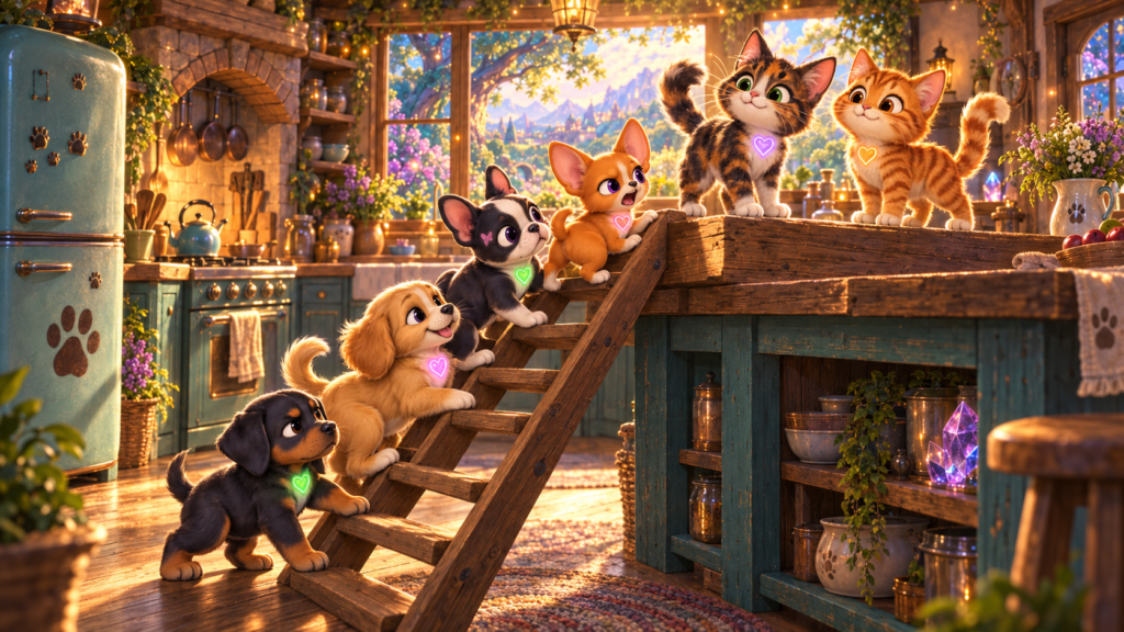 Reese and Tigger wait proudly on the kitchen counter as Penny, Bella, Bumbles, and Zeus climb a small wooden ladder.