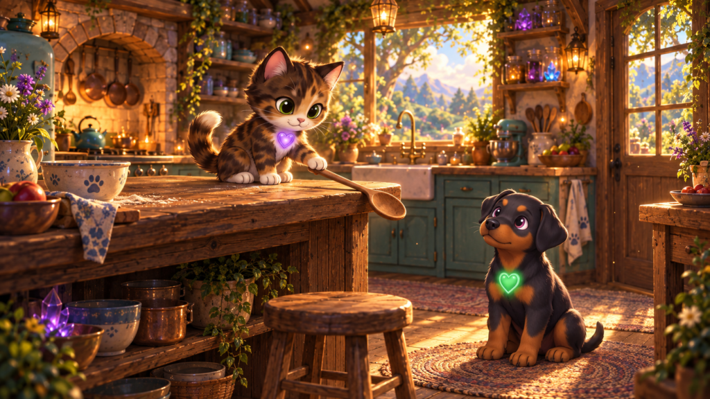 Reese solemnly taps a wooden spoon over the counter’s edge while Zeus watches with intense concentration.