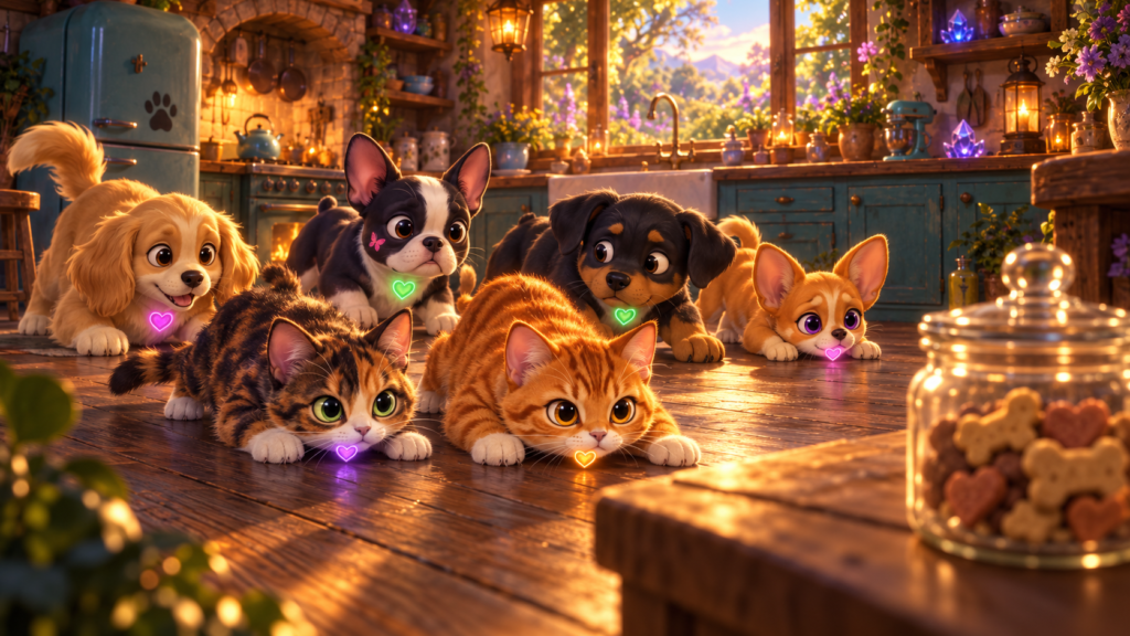 Reese and Tigger stalk a treat jar while Bella, Bumbles, Zeus, and Penny imitate their crouching poses.