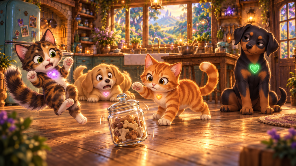 Reese jumps away from a wobbling treat jar as Tigger raises a paw, Bumbles looks horrified, and Zeus remains skeptical.