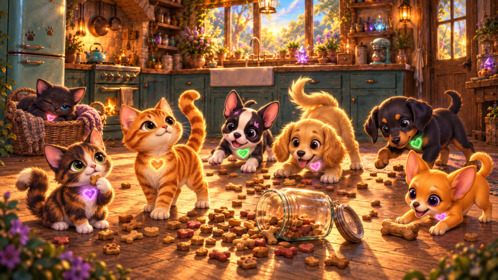 Reese innocently eats a treat beside proud Tigger while the puppies gather treats and Midnight watches sleepily from her basket.