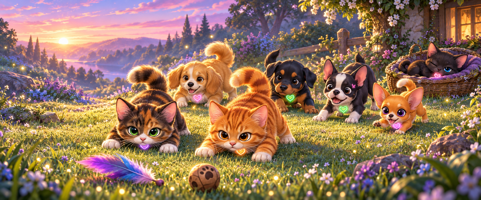 Reese and Tigger teach the puppies how to behave like cats while Midnight sleeps nearby in Woofington.