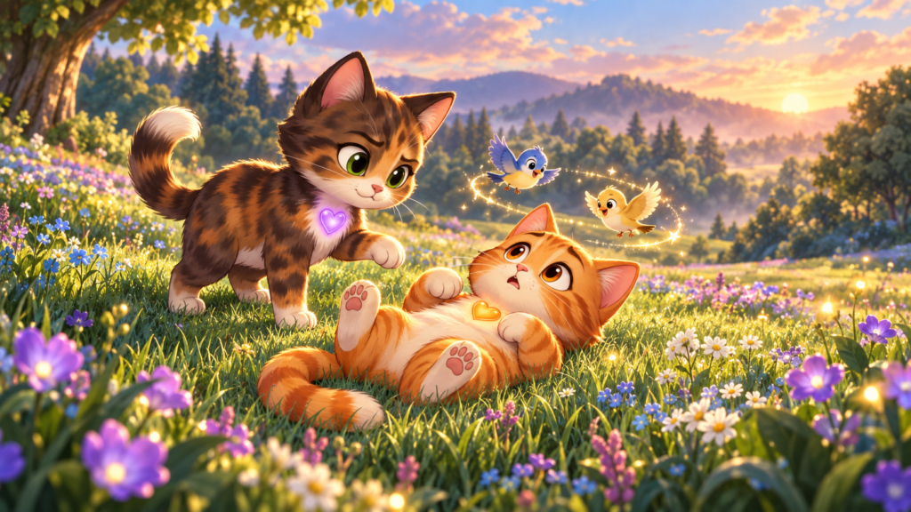 Reese seriously examines a dazed Tigger while two tiny birds circle harmlessly above his head.