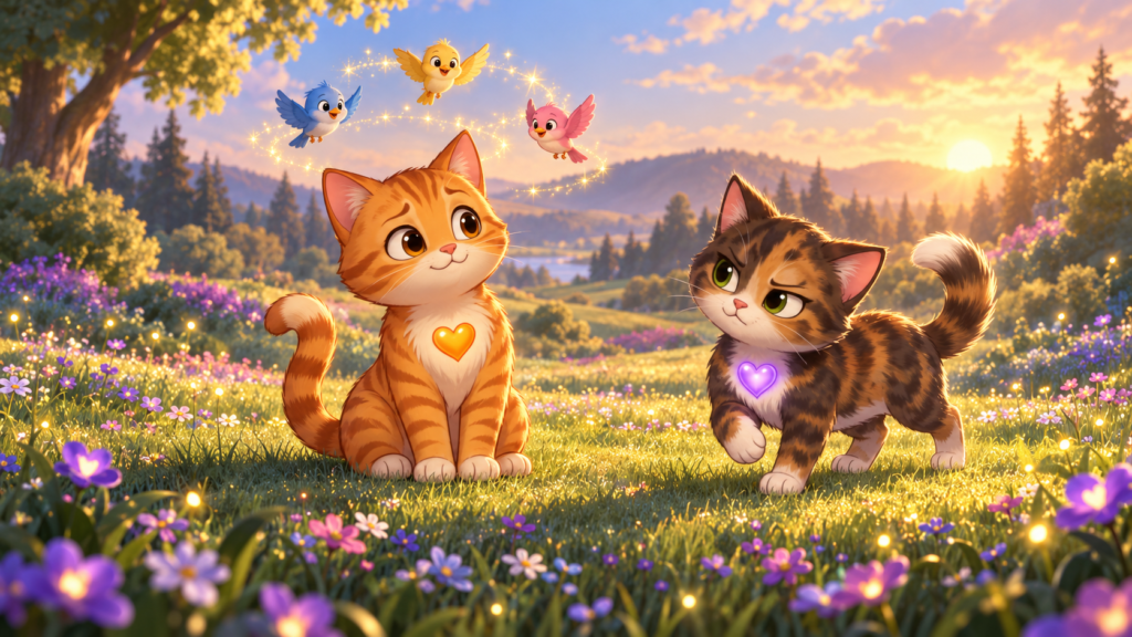 Tigger sits hopefully with three little birds circling his head while Reese walks around him like a serious judge.