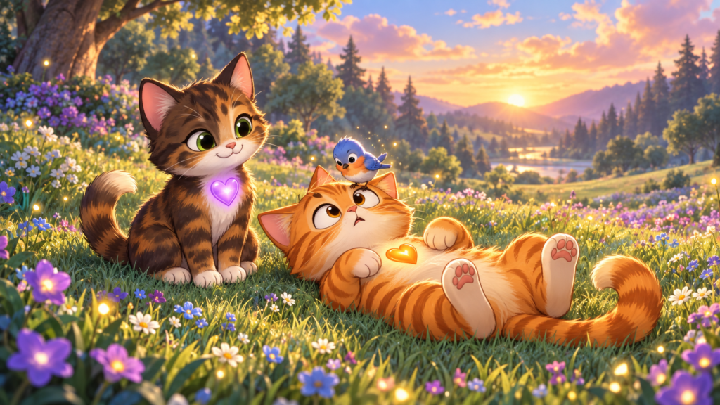 Tigger lies in the grass staring cross-eyed at a tiny bird on his nose while Reese sits proudly beside him.
