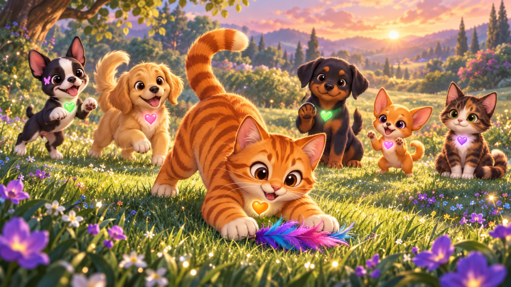 Tigger completes a perfect pounce onto a feather toy while the puppies celebrate and Reese watches approvingly.