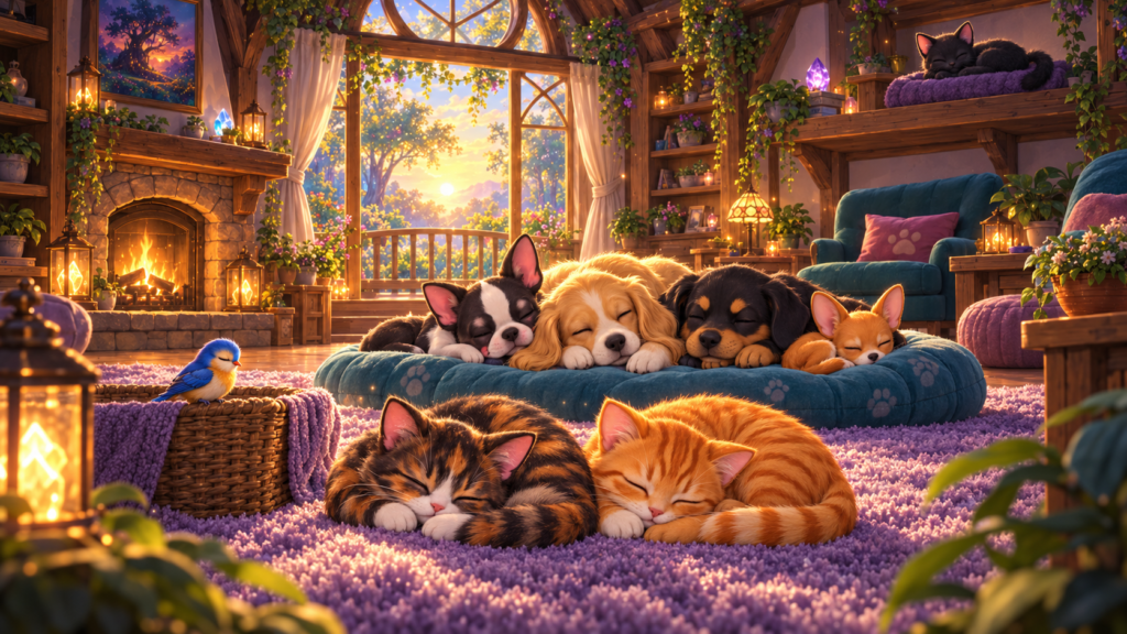 Reese, Tigger, and the puppies sleep peacefully in the Woofington living room while Midnight naps on a high shelf.