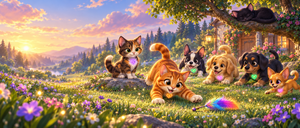 Tigger demonstrates an advanced cat pounce while Reese supervises, the puppies practice nearby, and Midnight naps on a tree branch in Woofington.