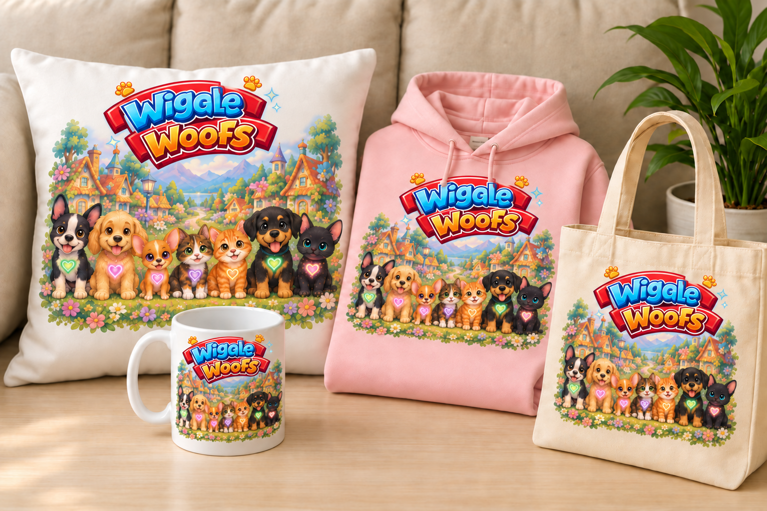 Wiggle Woofs keepsakes featuring the seven friends and their glowing hearts on a pillow, pink hoodie, mug, and canvas tote bag.