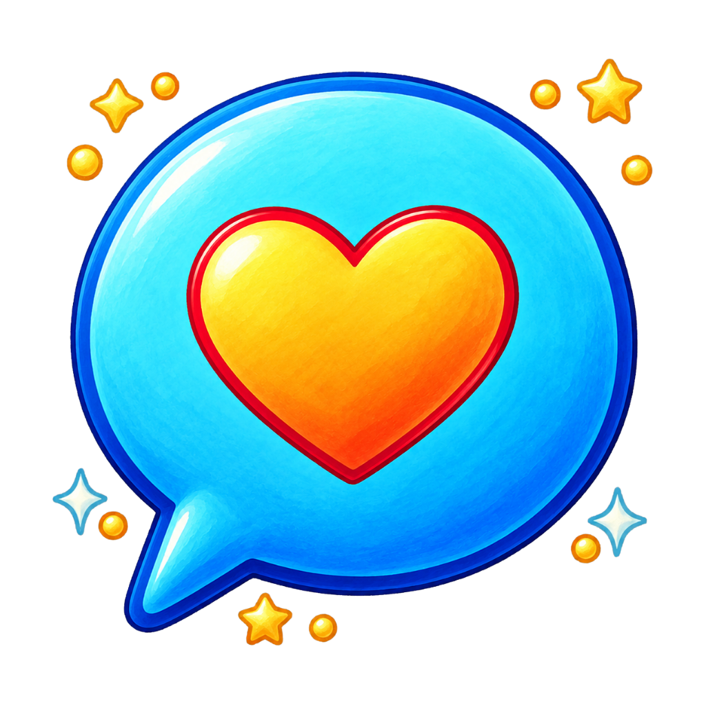 Blue speech bubble with a golden heart and magical sparkles.
