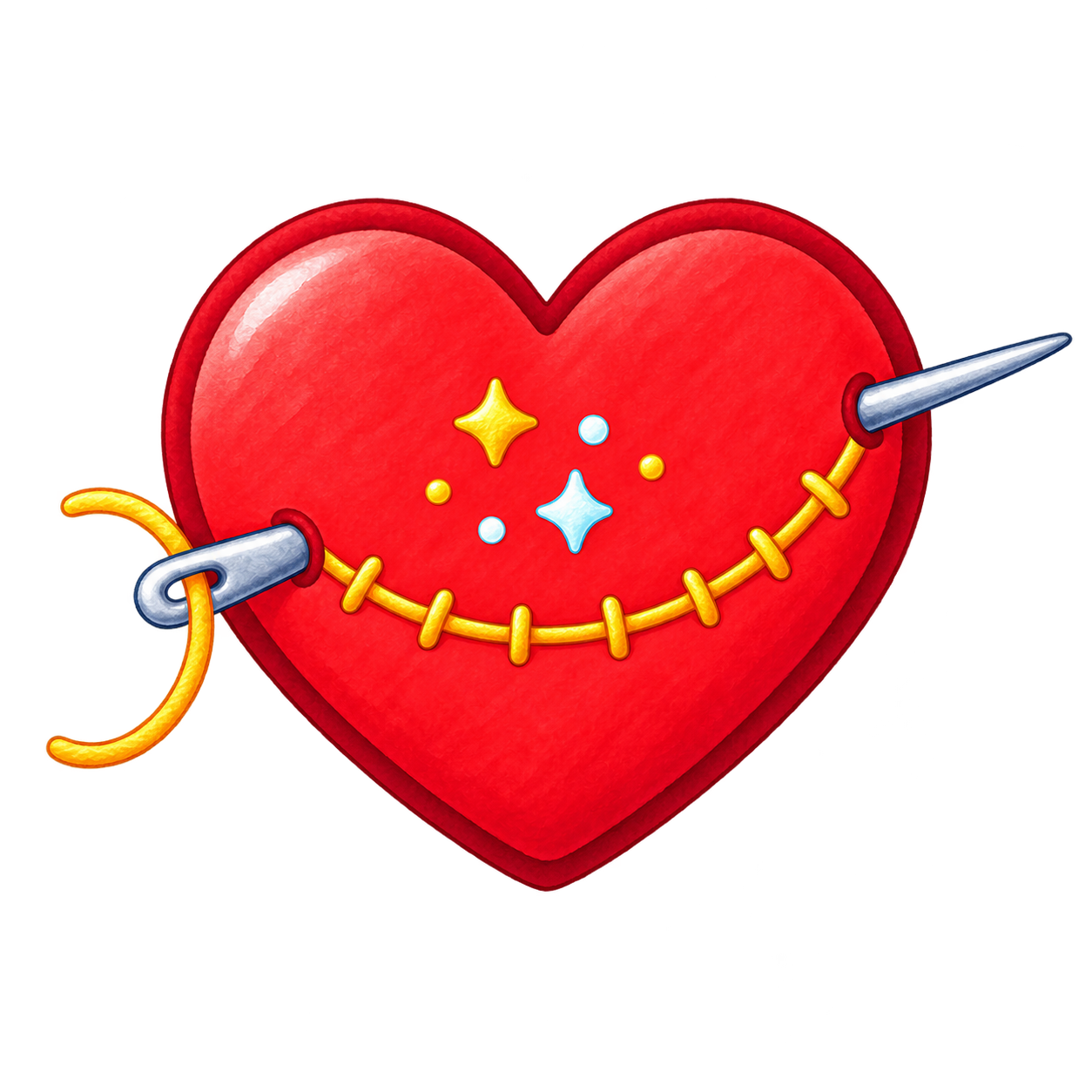 Red fabric heart sewn with golden thread and surrounded by sparkles.