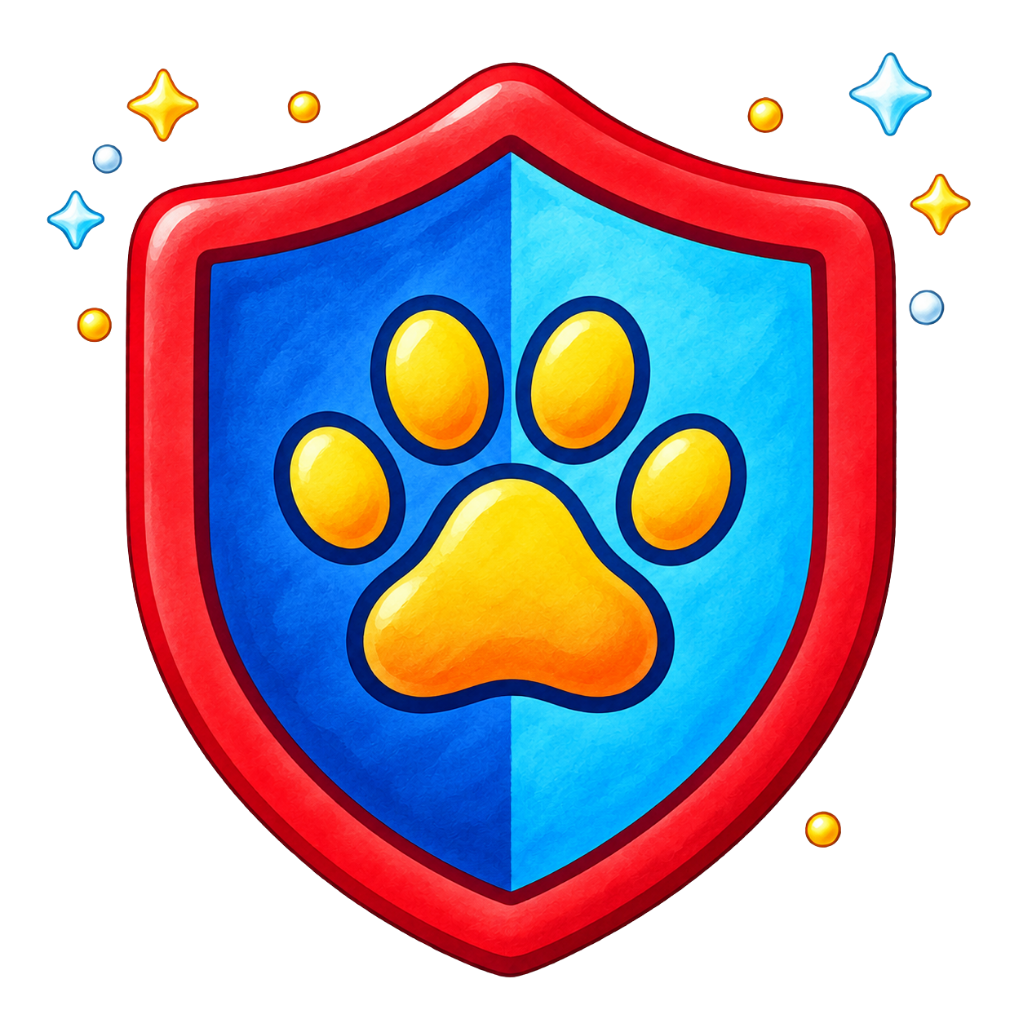 Red and blue protective shield featuring a golden paw print.