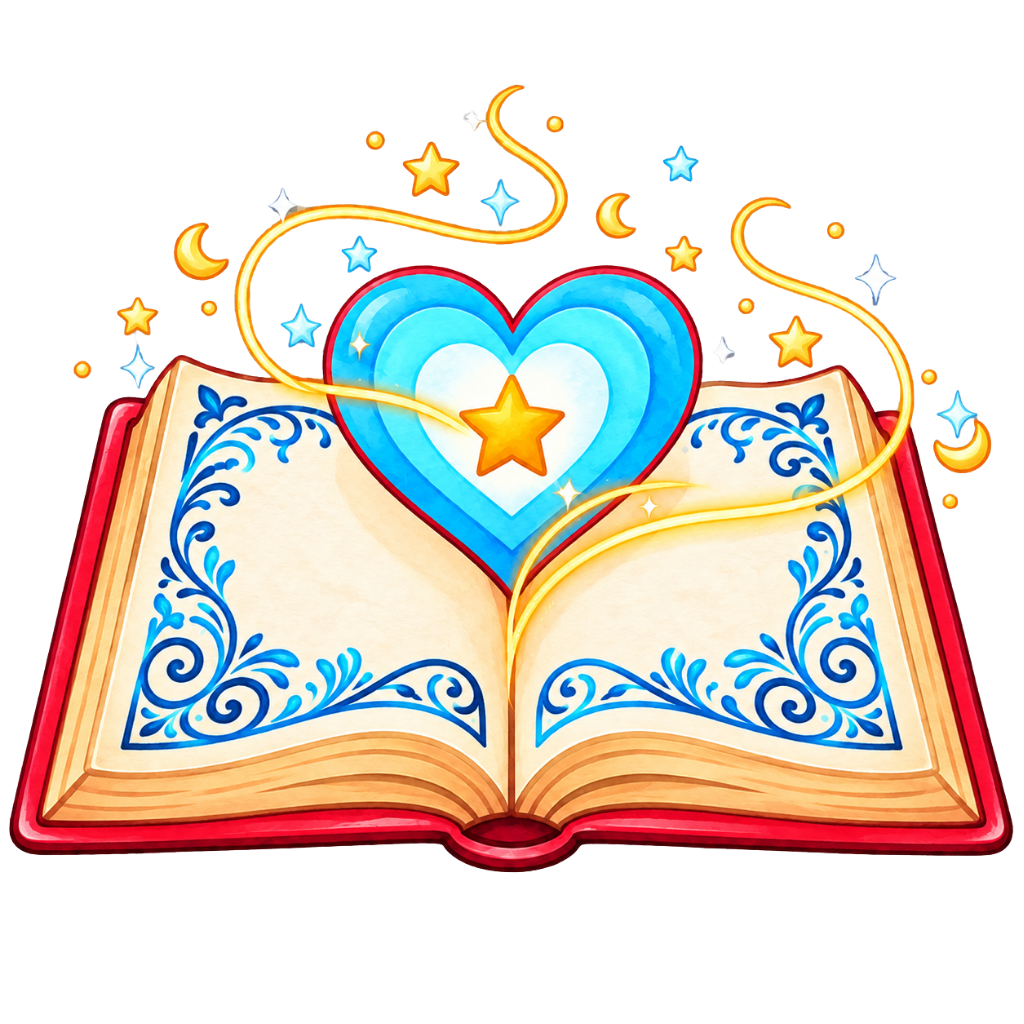 Open magical storybook with a blue heart, golden star, and glowing sparkles.