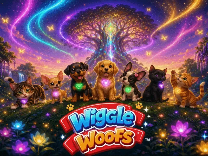 Bumbles, Reese, Zeus, Penny, Midnight, Bella and Tigger under the glowing Great Life Tree in Woofington